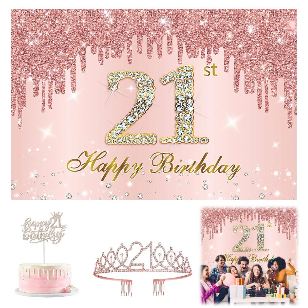 21st Birthday Decoration Banner, 21st Birthday Rose Gold Banner Suitable for 21-Year-Old Young and Beautiful Boys and Girls to Celebrate Their Birthdays