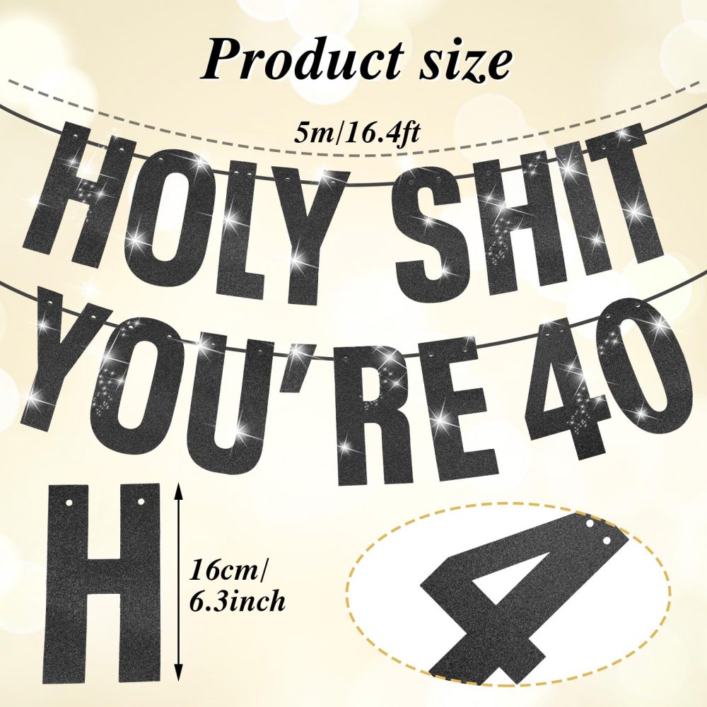 Happy 40th Birthday Banner, 40th Birthday Decorations Banner for Women Men Gold Glitter Banner Birthday Party Decor Sign Funny Party Supplies Holy Shit You're 40 Birthday Banner Black(40th) - Image 8