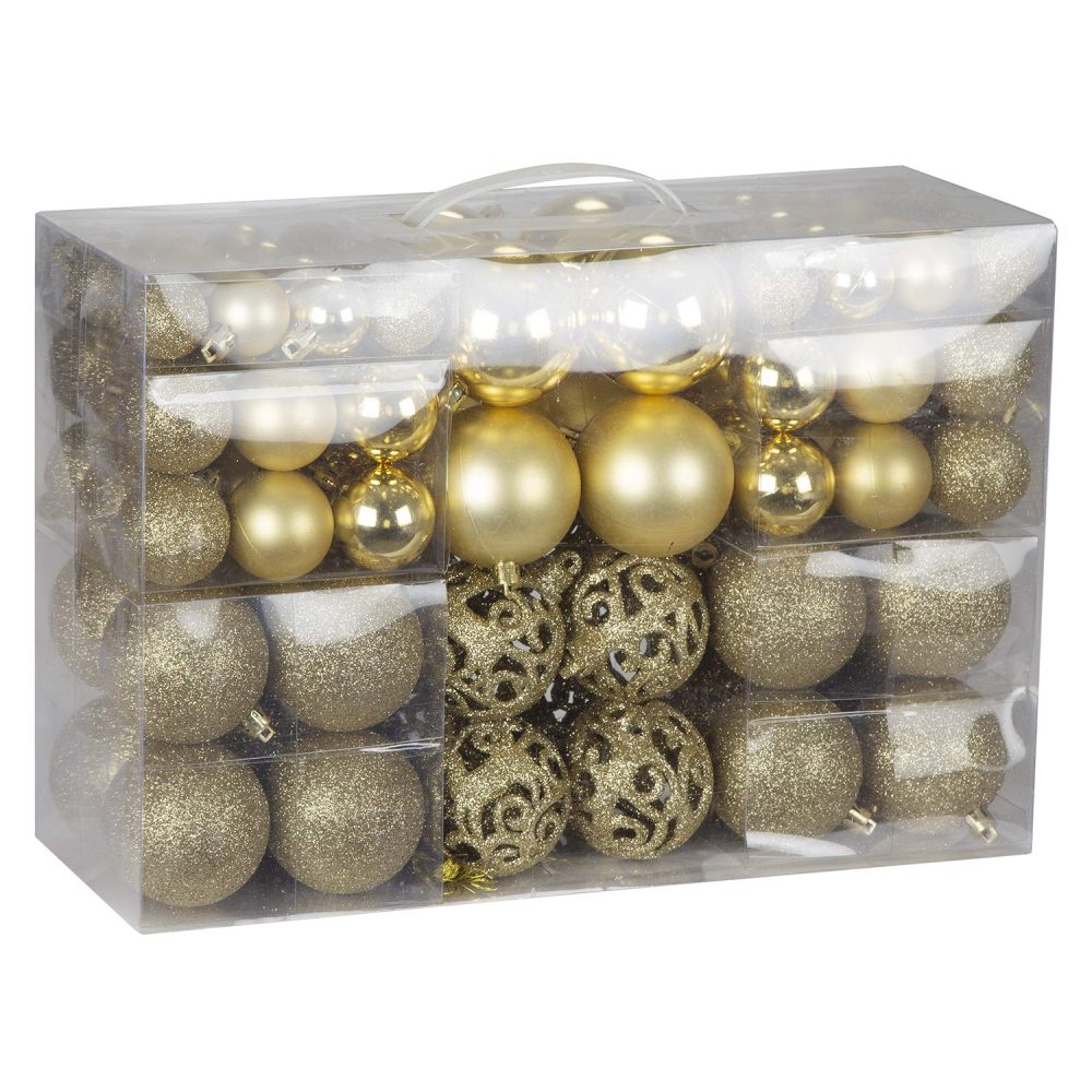 Bravich 100 Pieces Shatterproof Baubles Set. Christmas Tree Decorations Ornament Balls With Hooks & String Hanging. Home Decor 3,4 & 6 CM Baubles-Matt, Shiny & Glitter Finish-Gold