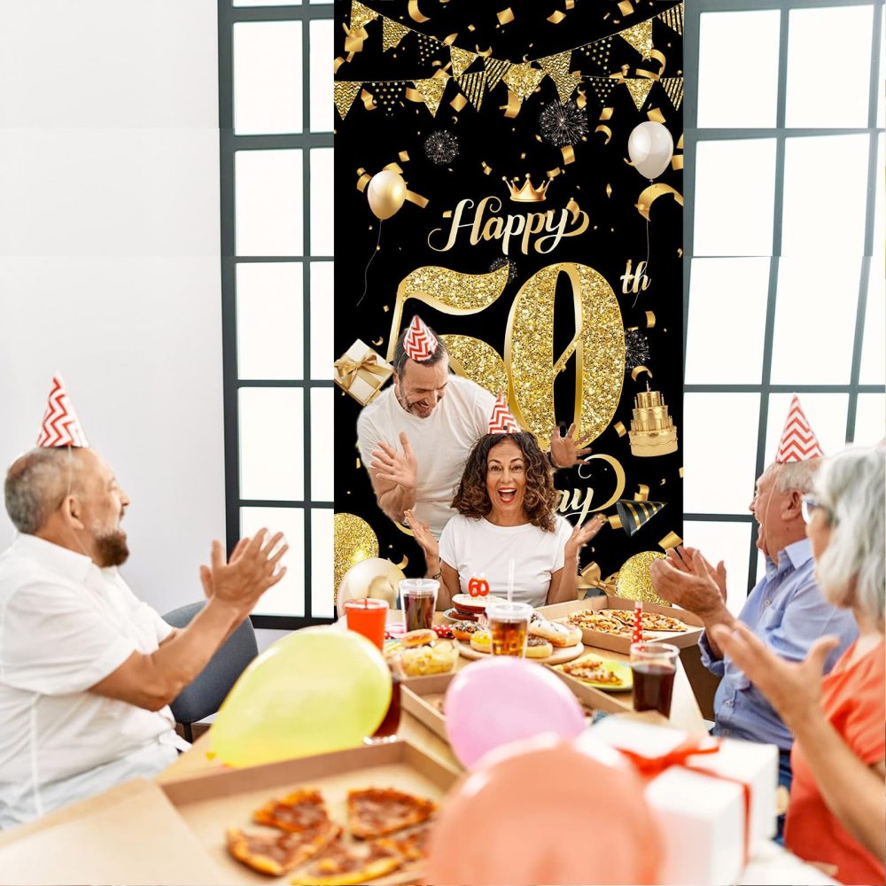 50th Birthday Door Banner,Black Gold 50th Birthday Decorations,Happy 50th Birthday Party Backdrop Banner,50th Birthday Door Hanging Banner for Women Men Birthday Party Photo Booth Supplies(90*185cm) - Image 3