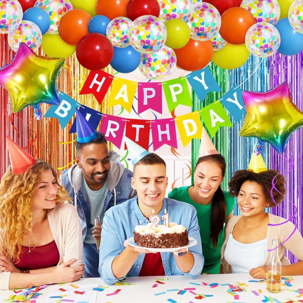 Colorful Birthday Decorations, Birthday Party Supplies for Men Women Boys Girls with Rainbow Happy Birthday Banner, Confetti Balloons, Fringe Curtain, Heart Star Foil Balloons, Hanging Swirls - Image 5