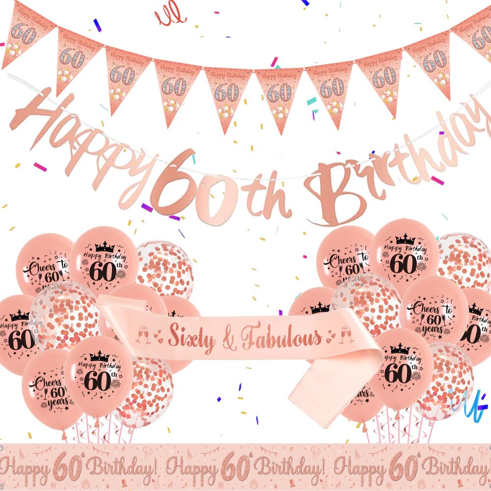 60th Birthday Decorations for Women - 44PCS Rose Gold Latex Confetti Balloons Triangle Flag Sash Decor Happy 60th Birthday Courtyard Banner Party Decoration Kit Supplies for Family Friends