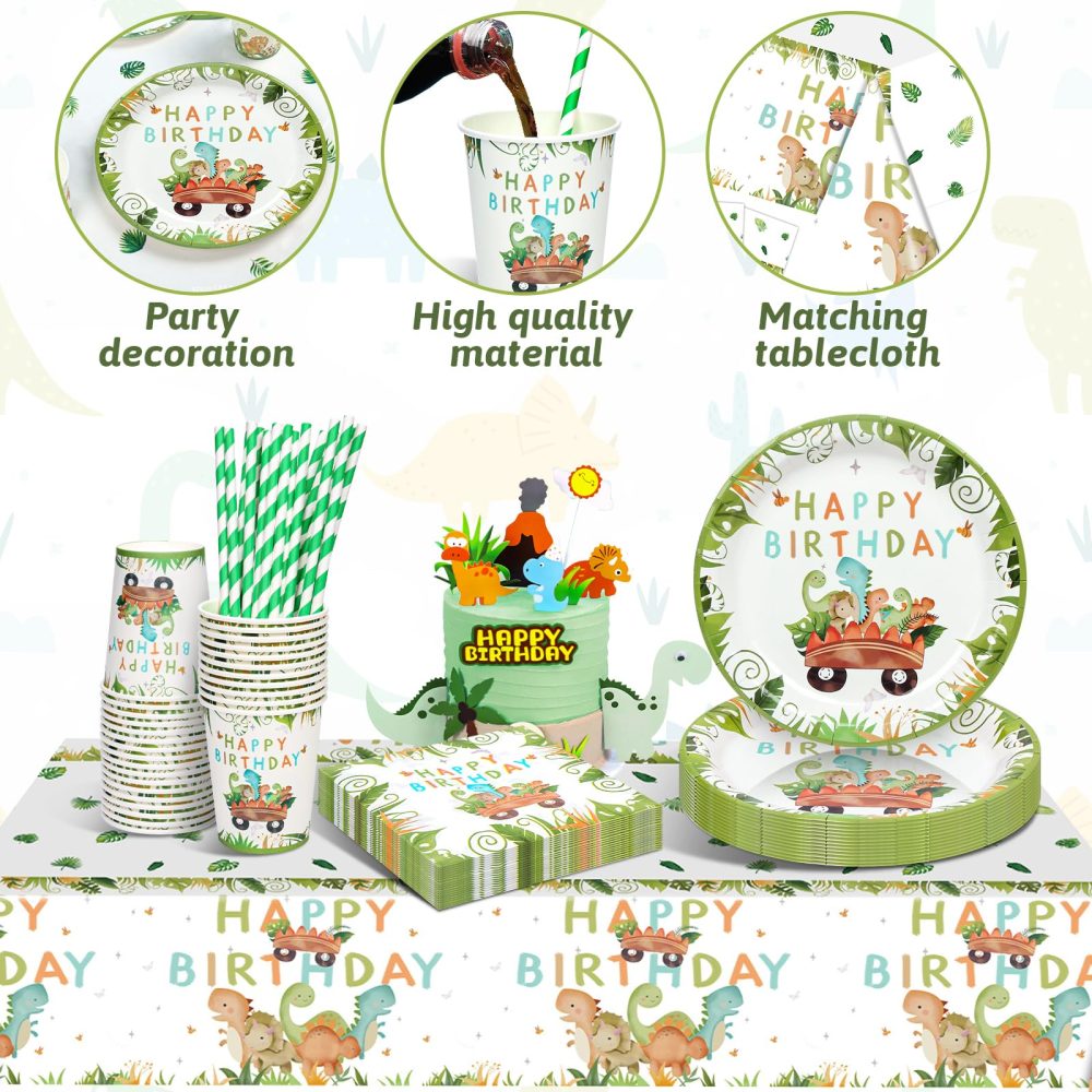 YIMAKJ Dinosaur Birthday Party Tableware Set, Party Supplies Tableware Set, Dinosaur Party Decorations Set With Party Paper Plate Cups Napkins Straws Children's Birthday Decorations for Boys and Girls - Image 5
