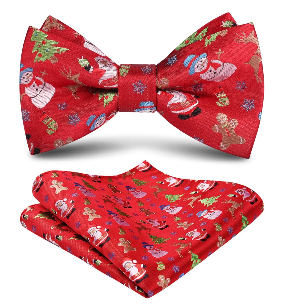 HISDERN Men's Christmas Bow Tie Red Bow Tie for Men with Snowman Xmas Mens Pre Tied Bow Tie and Pocket Square Set for Christmas Party…