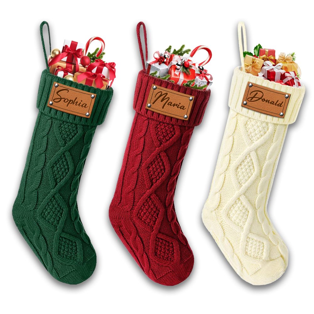 Udiyfun Personalised Christmas Stockings, Custom Christmas Stocking with Leather Laser Engraving Name, 46CM Large, Customised Knitted Xmas Stockings, Christmas Hanging Decor, Gifts for Family 1 Pcs
