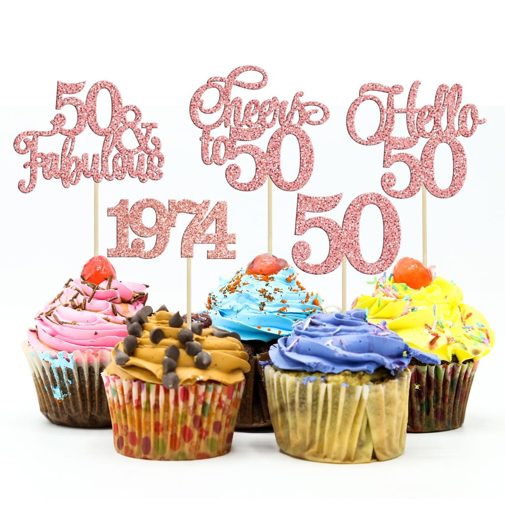 Gyufise 30Pcs 50th Birthday Cupcake Toppers 50 Fabulous Cupcake Picks Cheers to 50 1974 Cake Decorations for Happy 50th Birthday Wedding Anniversary Party Decoration Supplies Rose Gold