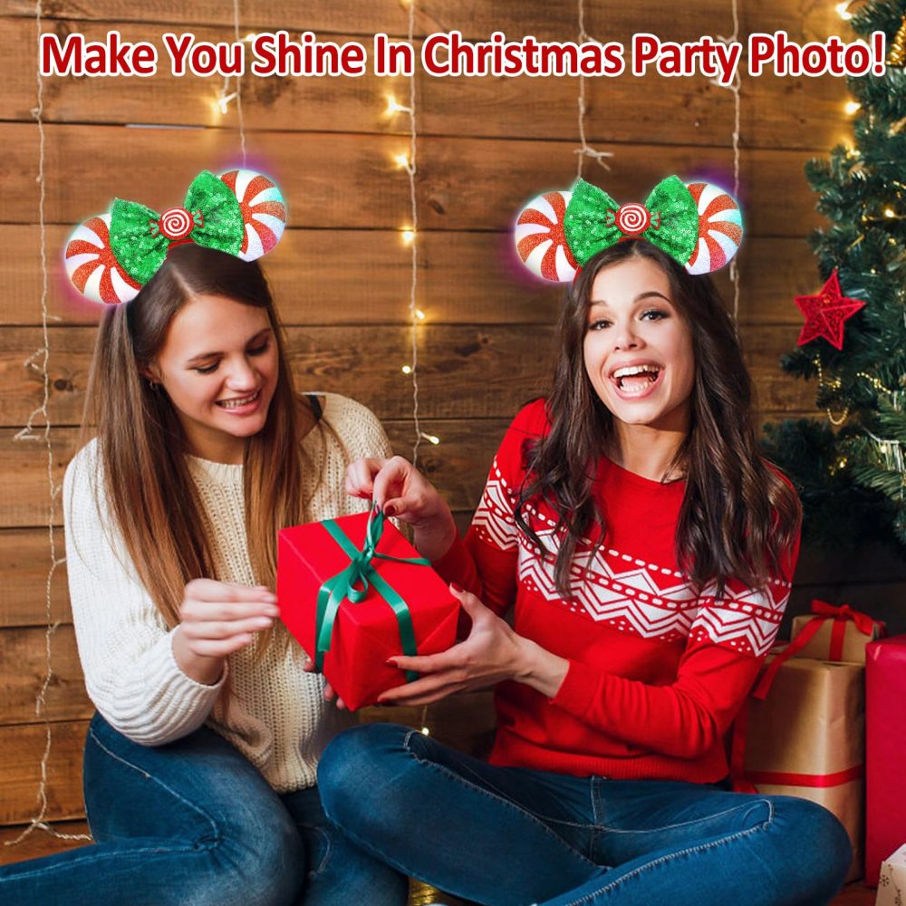 HXPLN Christmas Mouse Ears Headband with Light, Christmas Ears Bow Headband for Adult Women Christmas Party Park Ears Dress Up Accessories (Lolipop Led) - Image 2