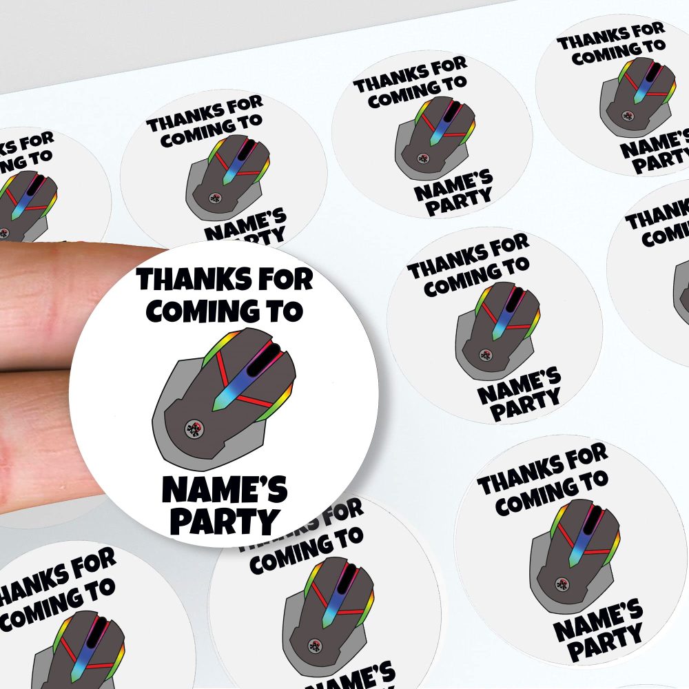 AK Giftshop Personalised Gaming Video PC Gamer Themed Thank You Birthday Party Stickers for Party Bags & Sweet Cones (48 Stickers)
