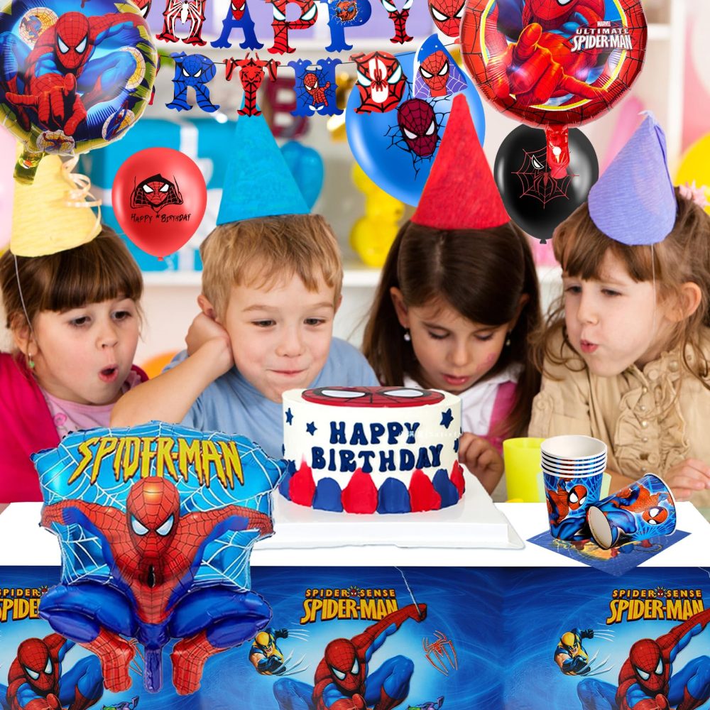 Spi-der Birthday Decoration, 75PCS Spidey Party Decorations Tableware Set, Superhero Birthday Decorations Including Plates Tablecloth Happy Birthday Banner Balloons for Boys Kids Theme Party Supplies - Image 2
