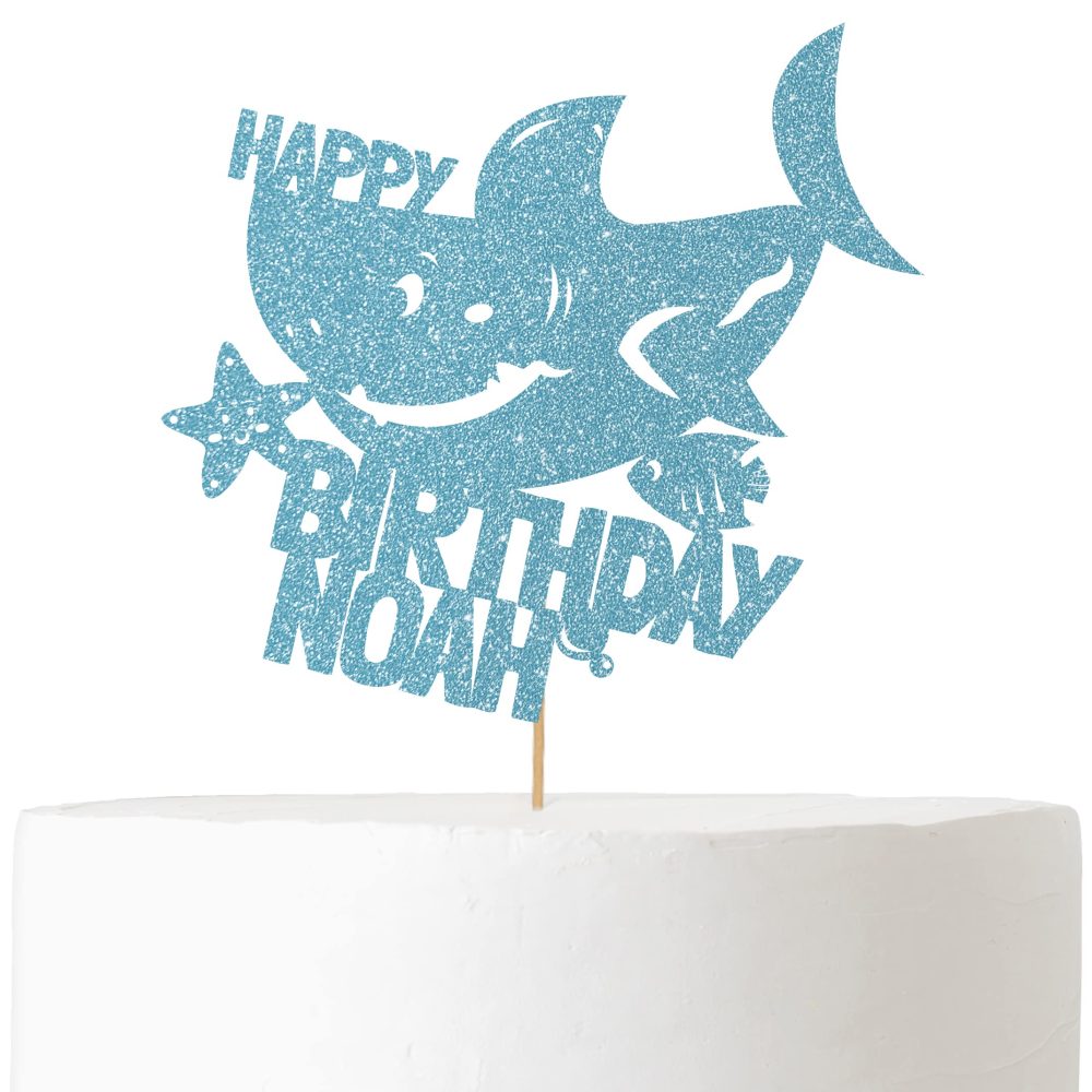 Personalised Birthday Glitter Cake Topper by Cakeshop | Custom Colour Any Name Shark Cake Decoration for 1st 2nd 3rd 4th 5th 6th 7th 8th 9th 10th 16th 18th | Baby Blue - Image 2
