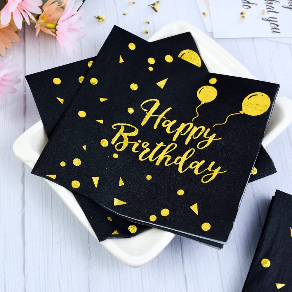 40Pcs Happy Birthday Napkins Black and Gold Party Napkins Birthday Paper Napkins Disposable Black Birthday Napkins Birthday Cocktail Napkins Gold Foil Napkins Birthday Serviettes Napkins for Women Men - Image 7