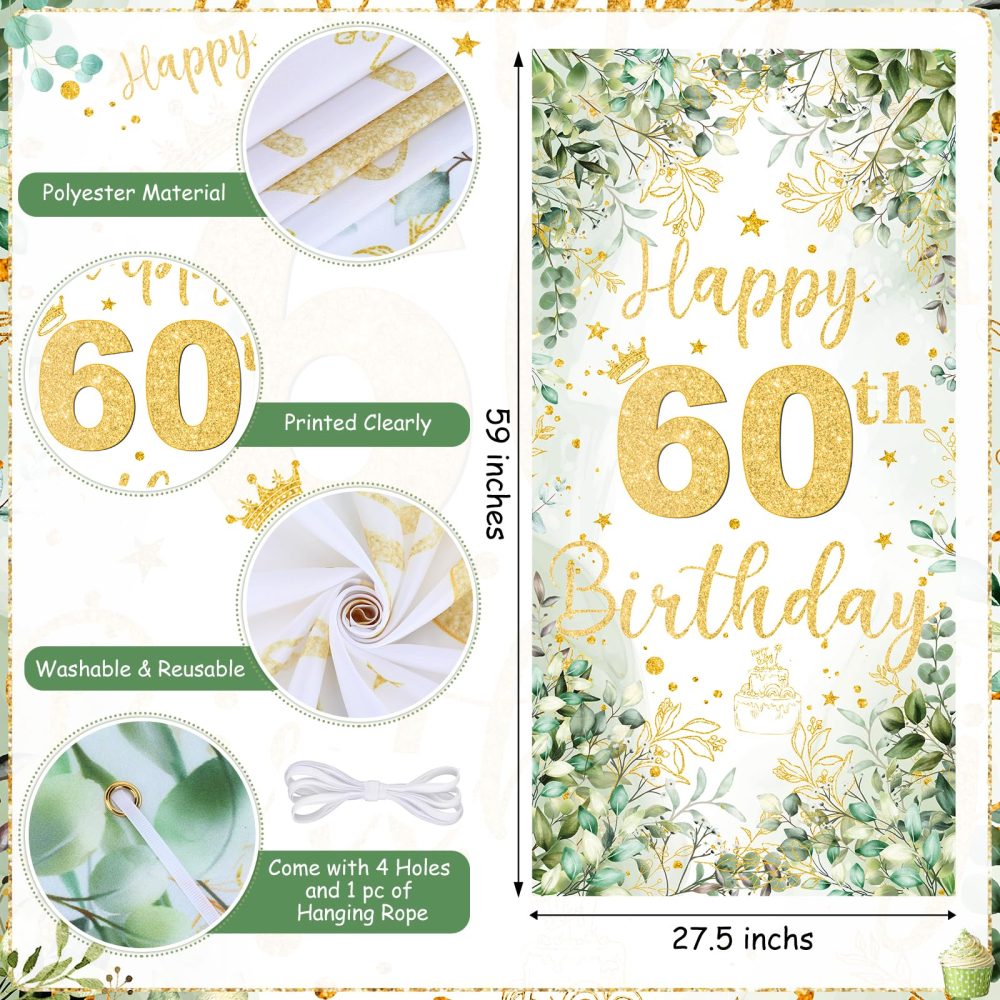 60th Birthday Party Decorations for Women Men, Sage Green Happy 60th Birthday Decorations Green Gold 60th Birthday Door Banner Number 60 Foil Balloons for 60 Year Old Birthday Party Decor Supplies - Image 2