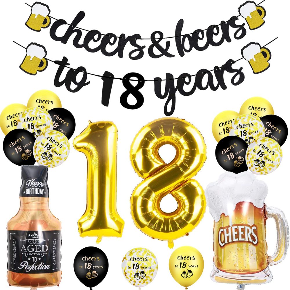 18th Birthday Decorations for Boys, 18th Happy Birthday Decoration Kit with Cheer Banner, Number 18 Foil Balloons, Sign 18th Black Gold Balloons Confetti Balloons for Party Supplies Girls Men