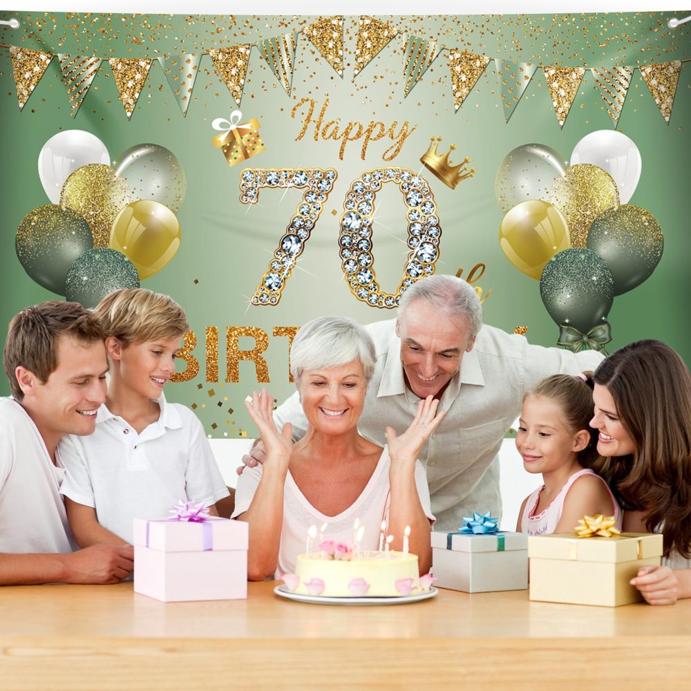 70th Birthday Decorations for Women Men, 70th Birthday Banner, 70th Birthday Backdrop Party Decorations, Sage Green Gold Happy 70th Birthday Banner Background for Birthday Anniversary Party Supplies - Image 5