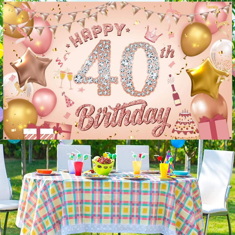 Happy 40th Birthday Banner Rose Gold Birthday Party Decoration Backdrop, 40th Birthday Poster Fabric Banner Photography Background for Girls Women, 110 x 180 cm (40th) - Image 3