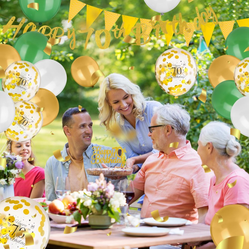 GSrenyu 70th birthday decorations, Gold and Green Birthday Party Decorations Set With Happy 70th Birthday Banner, Number 70 Balloon Triangle Flag Latex Balloons Confetti Cake Topper for Men Women 70th - Image 3