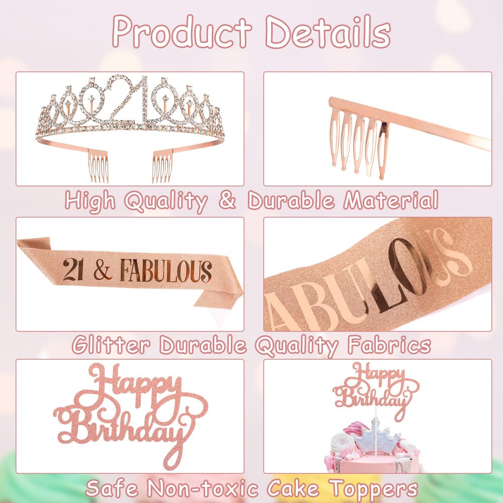 Auliuse 21th Birthday Sash and Tiara Set for Girls, Rose Gold Birthday Sash Crown with Balloons Happy Birthday Cake Topper Party Decorations Supplies, Happy Birthday Gifts for Women (21 Years Old) - Image 4