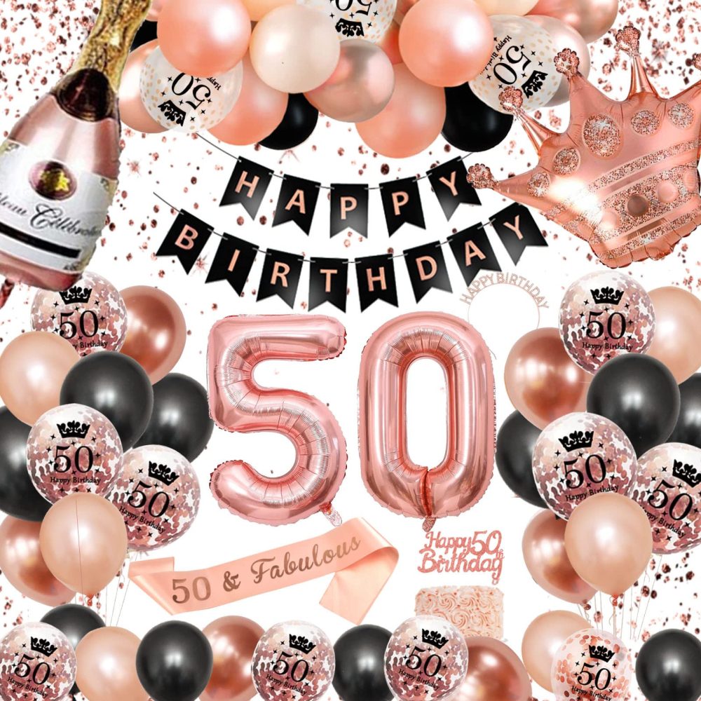 SWPEED 50th Birthday Decorations Women, Rose Gold Black Decorations Set 50th Balloons Happy Birthday Banner Garland Confetti Balloon Girls Women Birthday Decorations 50th Party Decoration Supplies