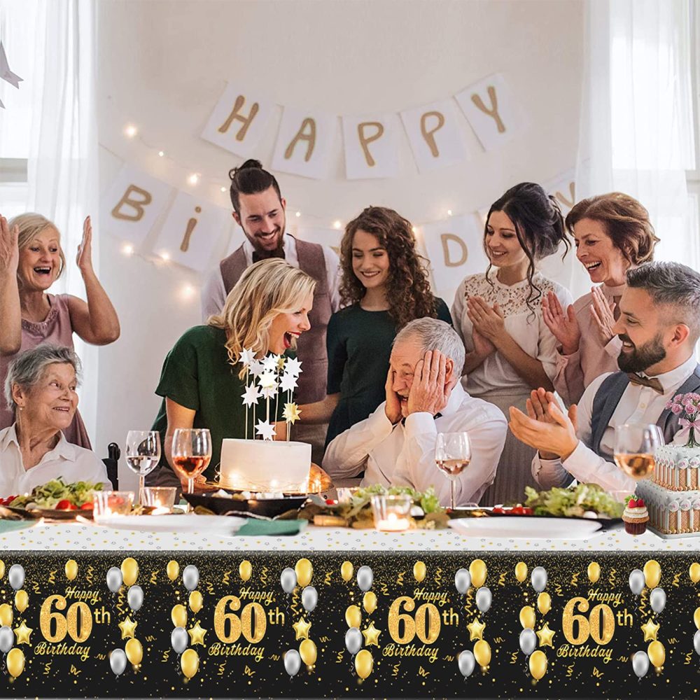 Black Gold Happy 60th Birthday Table Cloth Cover Party for Men,Women,Him,Her,137*274cm 60th Birthday Table Decorations,Rectangular Plastic Tablecloth for 60th Birthday Party Supplies Decorations - Image 4