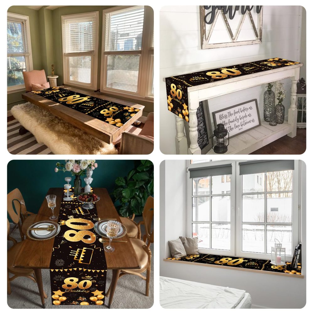 80th Birthday Table Runner Black Gold Happy 80th Birthday Table Runner for Men Women 80 Years Old Birthday Anniversary Celebration Party Non-Slip Dining Table Linen Cloth Decorations, 180x35cm Long - Image 2