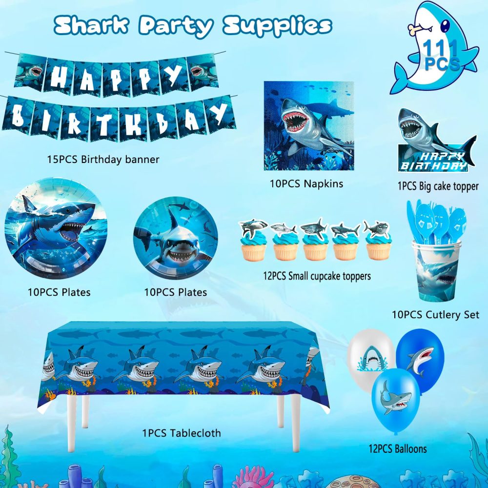 Shark Party Supplies,111pcs Shark Theme Party Tableware&Ocean Party Decorations Set- Shark Birthday Plates Tablecover Cups Banner Balloons etc Shark Ocean Party Supplies for Under The Sea Party Decor - Image 2