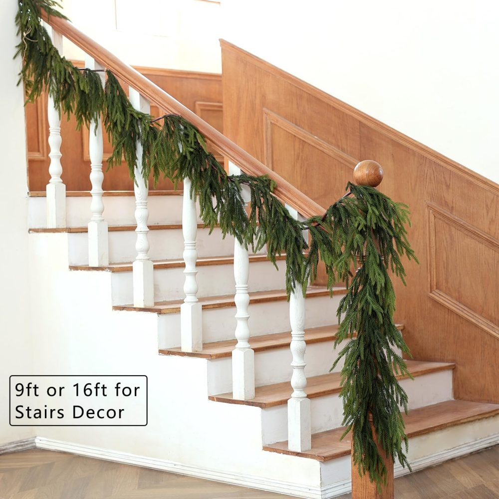 9 FT Real Touch Norfolk Pine Garland Green Artificial Christmas Garland Faux Greenery Garland for Holiday Fireplace Mantle Window Indoor Outdoor Decor (2 PCS) - Image 7