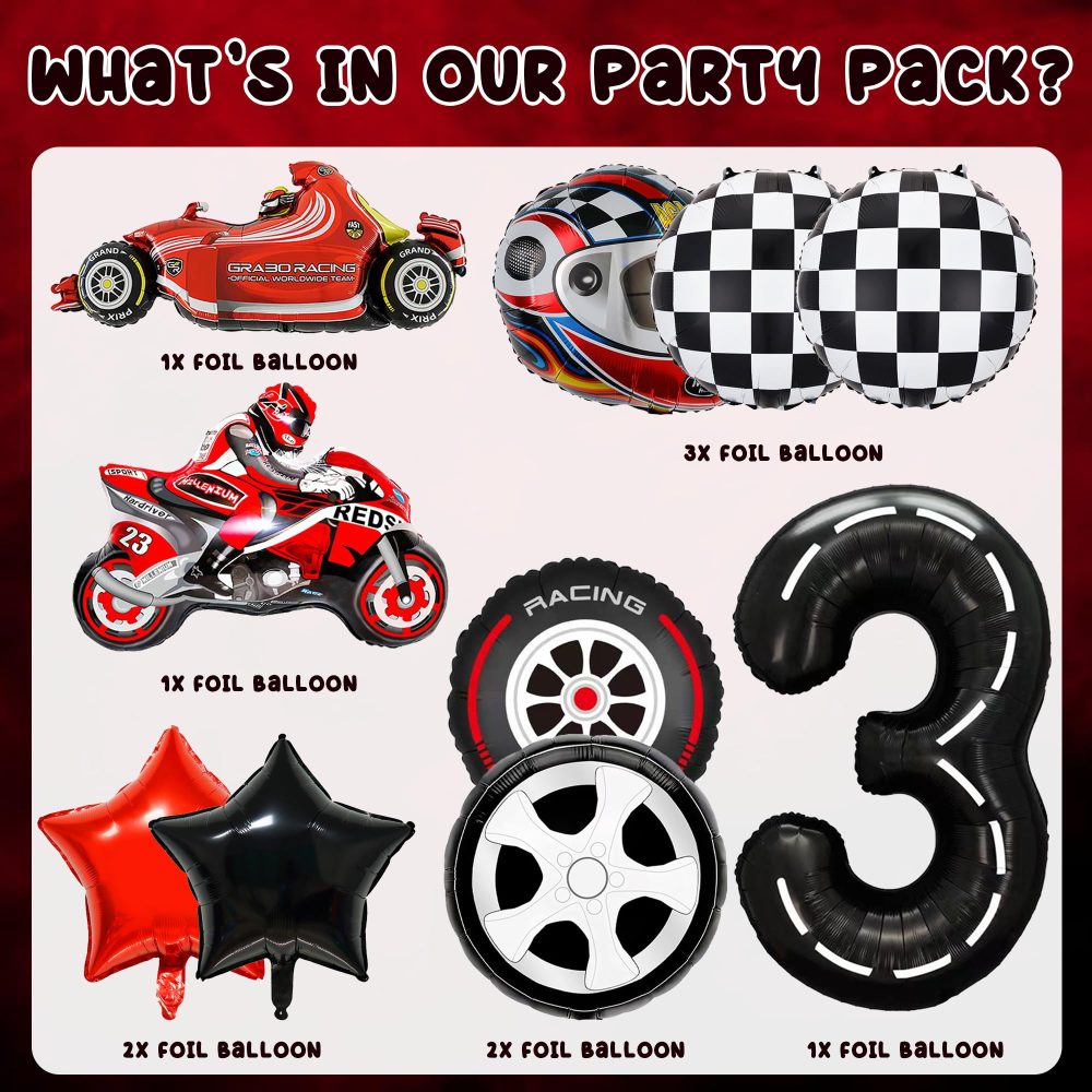 Race Car 3rd Birthday Decorations - 10 Pieces Racing Car Party Balloons, Race Car Balloons Motorcycle Helmet Tire Foil Balloons for Kids 3rd Birthday Party Racing Car Party Decorations Supplies - Image 7