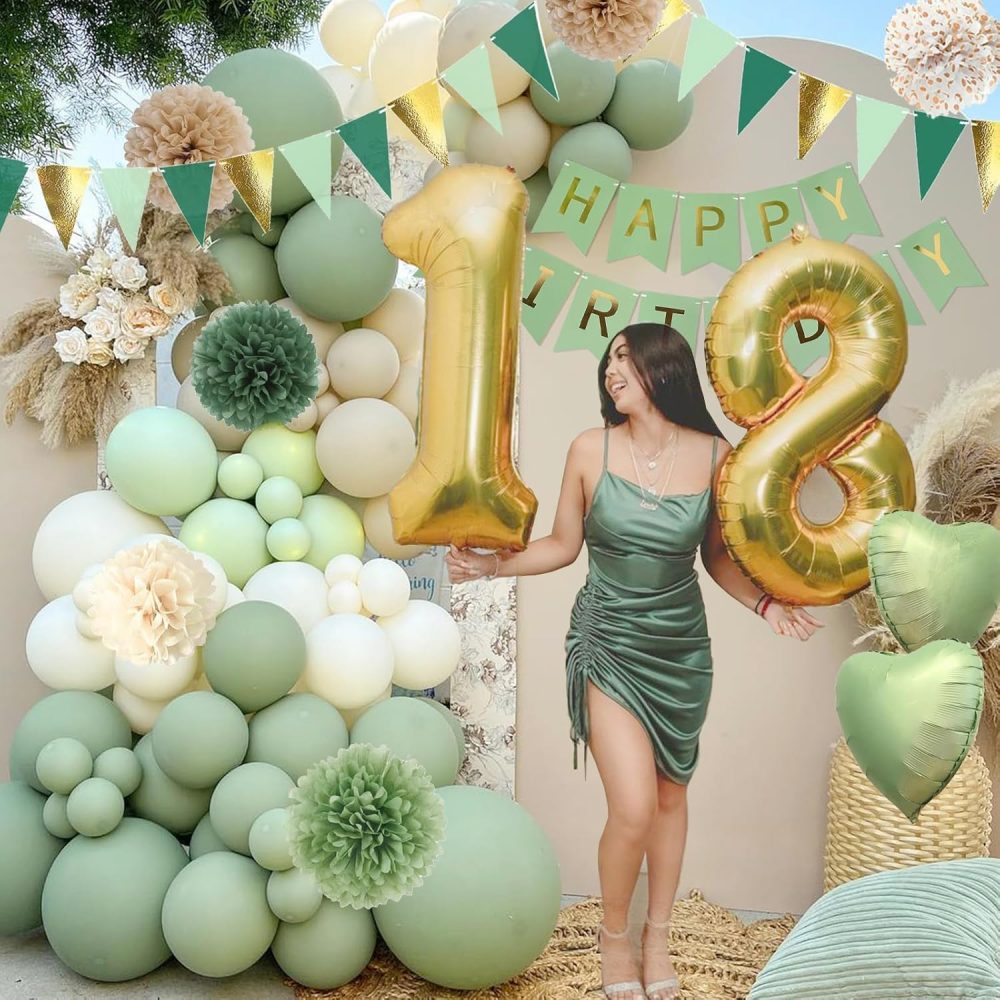 ZUXOLBIN Sage Green Birthday Party Decorations Jungle Olive Gold Green Balloons Happy Birthday Banner Fringe Curtain Background Cake Topper Neutral Birthday Decorations for Women Girls Boys Adults - Image 4