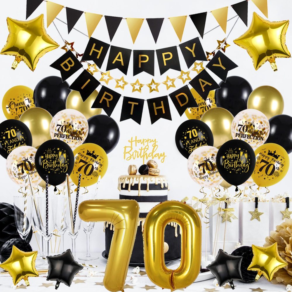 70th Birthday Decoration Set, Black Gold 70th Party Decorations Includes Pull Flower, Banner, Latex Balloons, Foil Balloons, Cake Topper, Pennant, Black and Gold Theme Suitable for 70th Party - Image 4