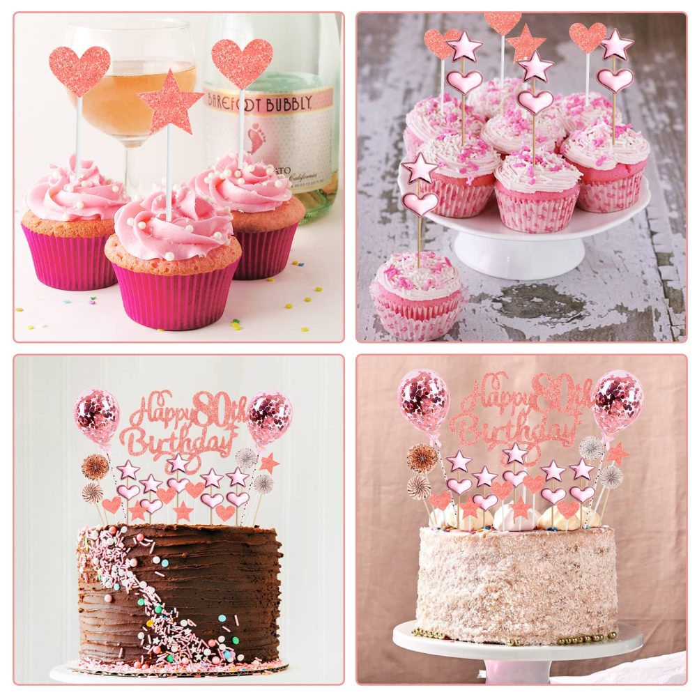 80th Birthday Cake Topper Rose Gold, Glitter Happy 80th Birthday Cake Topper Kit with Star Heart Paper Fan Confetti Balloon, Cupcake Topper for Women 80th Birthday Anniversary Party Cake Decorations - Image 4