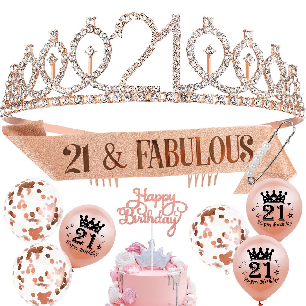 Auliuse 21th Birthday Sash and Tiara Set for Girls, Rose Gold Birthday Sash Crown with Balloons Happy Birthday Cake Topper Party Decorations Supplies, Happy Birthday Gifts for Women (21 Years Old)