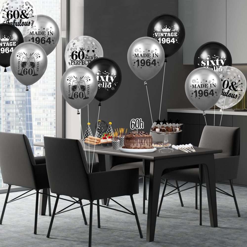 60th Birthday Balloons Decorations 18pcs Black Silver VINTAGE 1964 Happy 60th Birthday Party Latex Confetti Balloons for Men Women 60th Anniversary Happy Birthday Party Supplies Decor 12 inches - Image 6