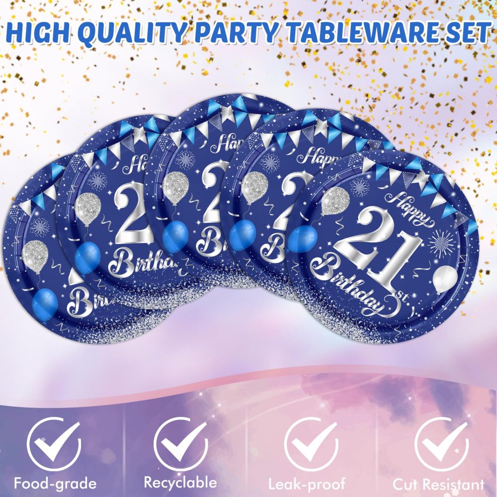 21st Birthday Decorations for Him Blue Silver Happy 21st Birthday Decorations for Boys Men Includes Happy 21th Birthday Napkins Tablecloth Plates for 21 Years Old Bday Party Supplies Anniversary Decor - Image 5
