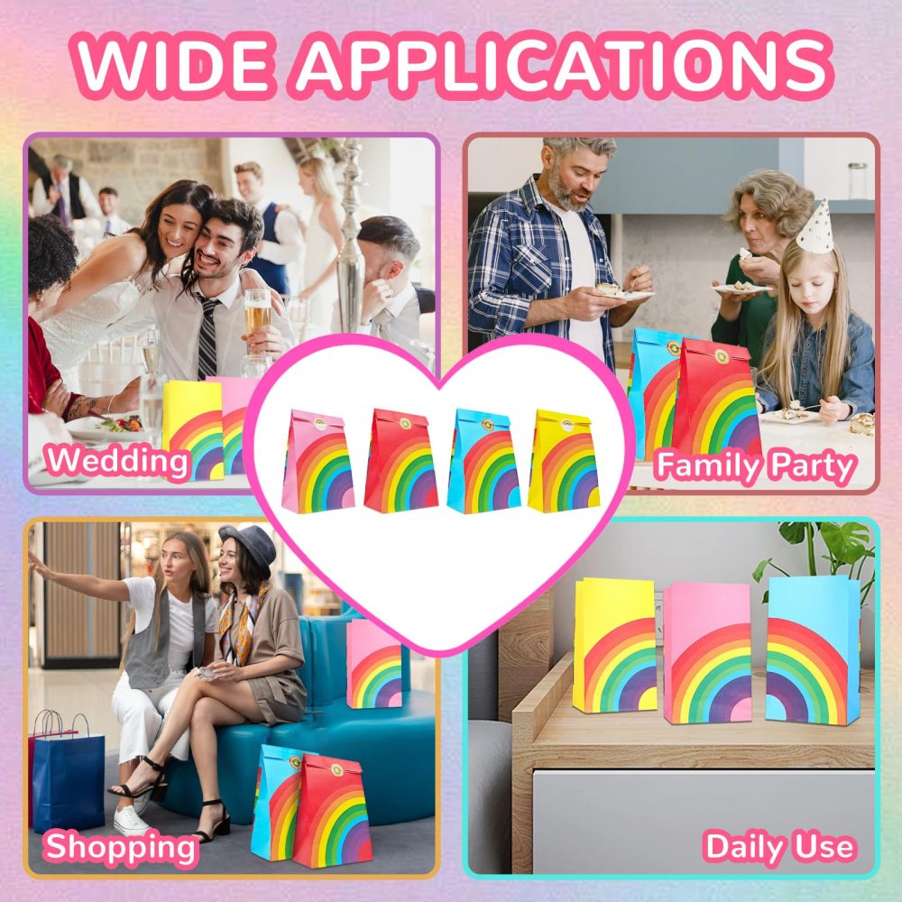 12 Pieces Rainbow Goody Bags with Sticker, Reusable Rainbow Stripe Paper Bags, Rainbow Sweet Treat Kraft Bags, Multi-Color Flat Bottom Paper Bags, Kraft Gift Bags for Baby Baptism Wedding Party - Image 2