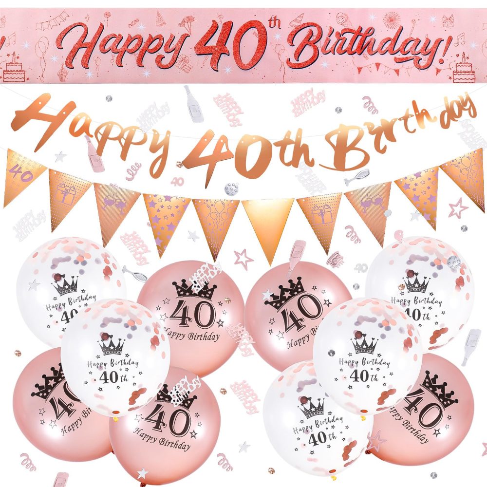 40th Birthday Decorations, Pink Gold 40th Birthday Set Include Happy 40th Birthday Banners Triangle Flag Banners Confetti Latex Balloons for Women and Men 40th Birthday Party Decoration Supplies