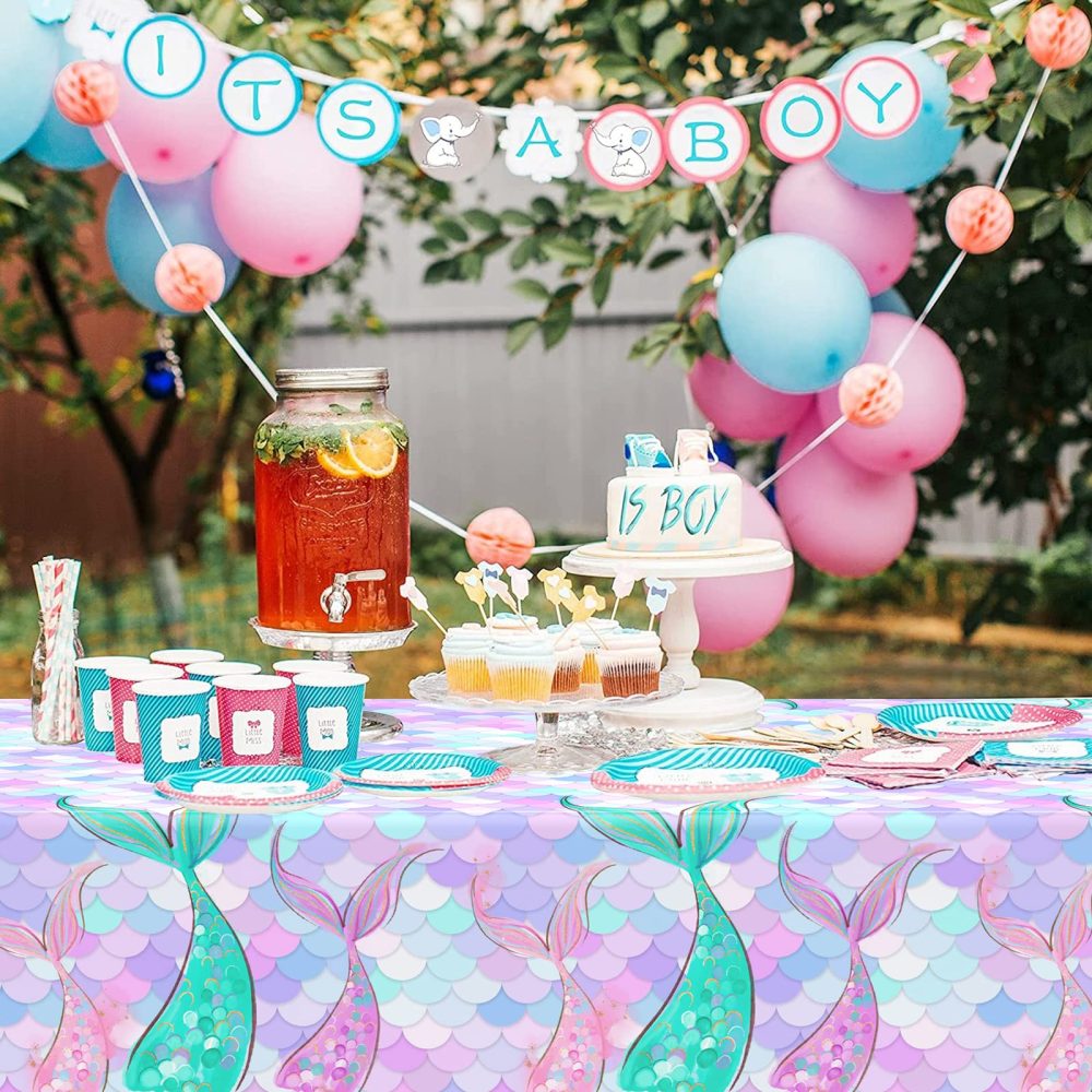 Paready 1 Pack Mermaid Tablecloth, Mermaid Table Cloths for Parties, Mermaids Table Cover for Girls Princess Birthday, Baby Shower Tablecloths for Kids Girl Sea Themed Party Supplies, 54" x 108" - Image 2