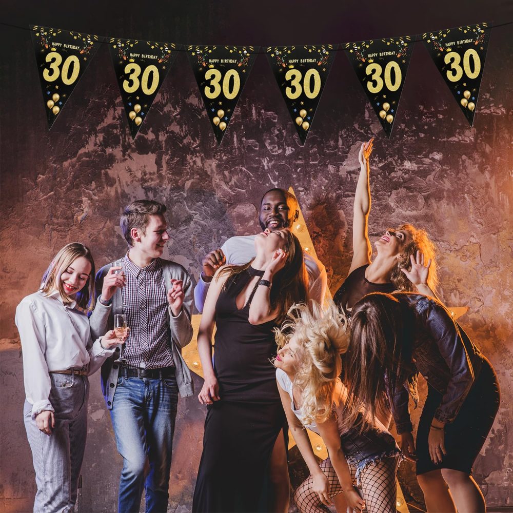 Happy 30th Birthday Banner Black Happy Birthday Banner Black Gold Party Decorations Bunting Flags Anniversary Party Supplies Decoration 30th Birthday Triangle Flag Banners for Men Women A8HJSJLQ (30) - Image 2
