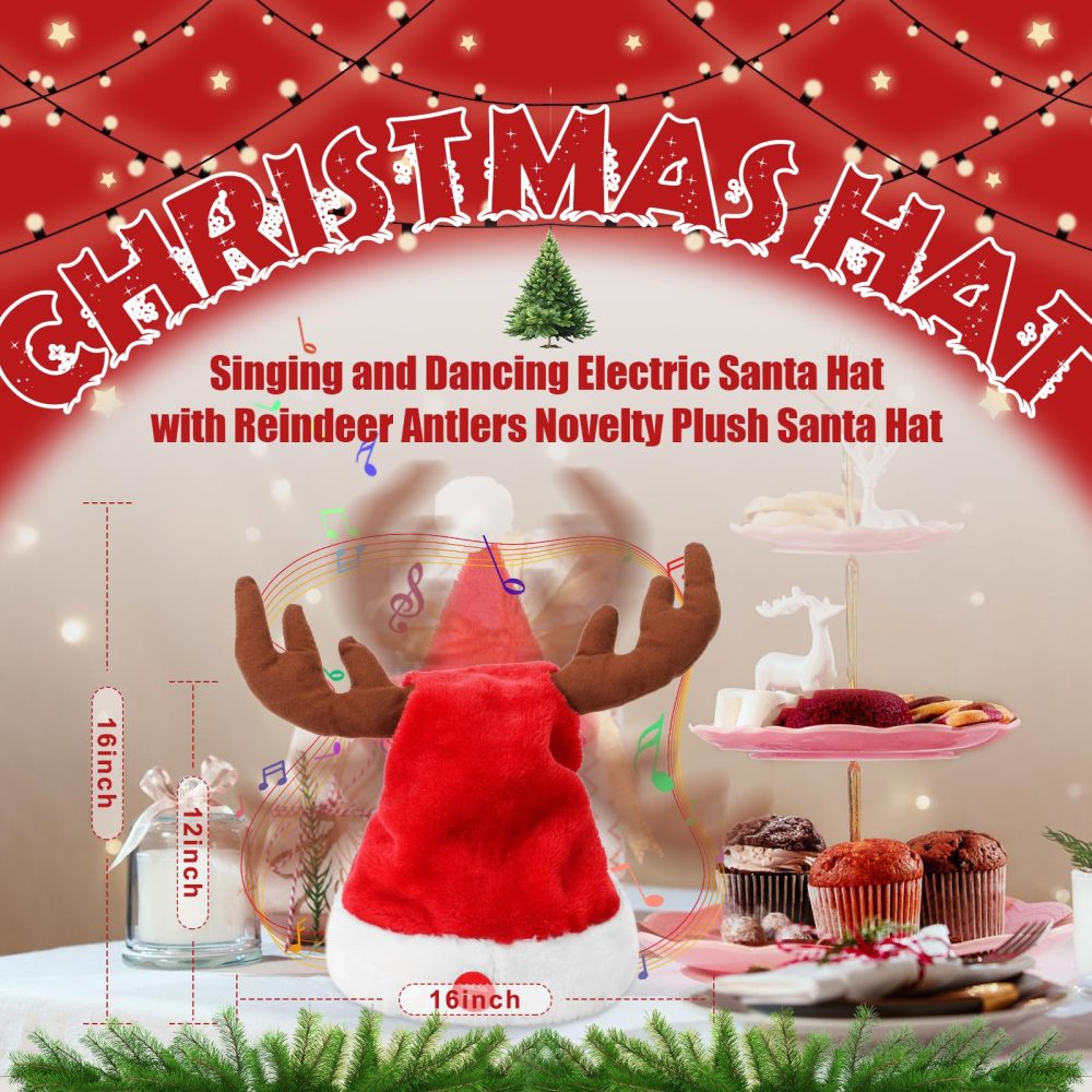 Gfilay Singing and Dancing Electric Santa Hat with Reindeer Antlers - Funny Novelty Musical Interactive Swinging Christmas Hats Waving and Singing for Adults Kids Xmas Gift - Image 7