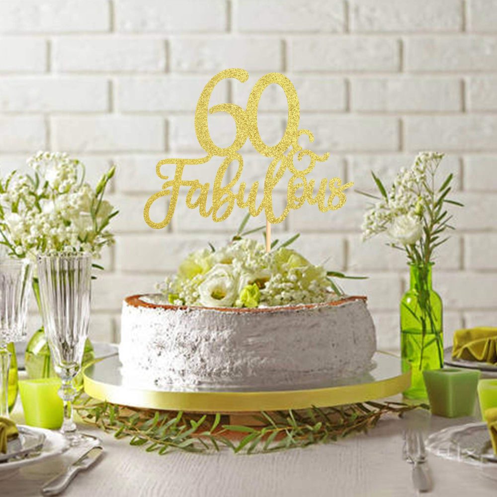 Gold Glittery 60 & Fabulous Birthday Cake Topper for 60th Birthday Party Decorations 60 Birthday Cake Decorations Supplies 3 Pack - Image 5