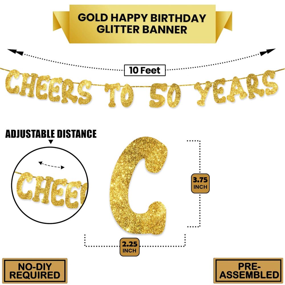 Cheers to 50 Years - Happy 50th Birthday Party Glitter Banner - 50th Birthday Party Decorations and Supplies - 50th Wedding Anniversary Decorations, Pre-strung - No DIY required - Image 7