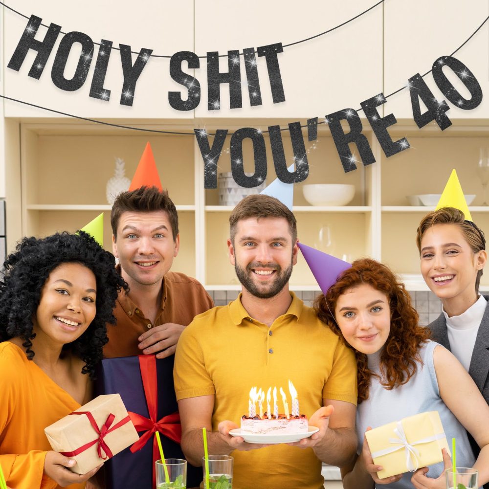 Happy 40th Birthday Banner, 40th Birthday Decorations Banner for Women Men Gold Glitter Banner Birthday Party Decor Sign Funny Party Supplies Holy Shit You're 40 Birthday Banner Black(40th) - Image 4