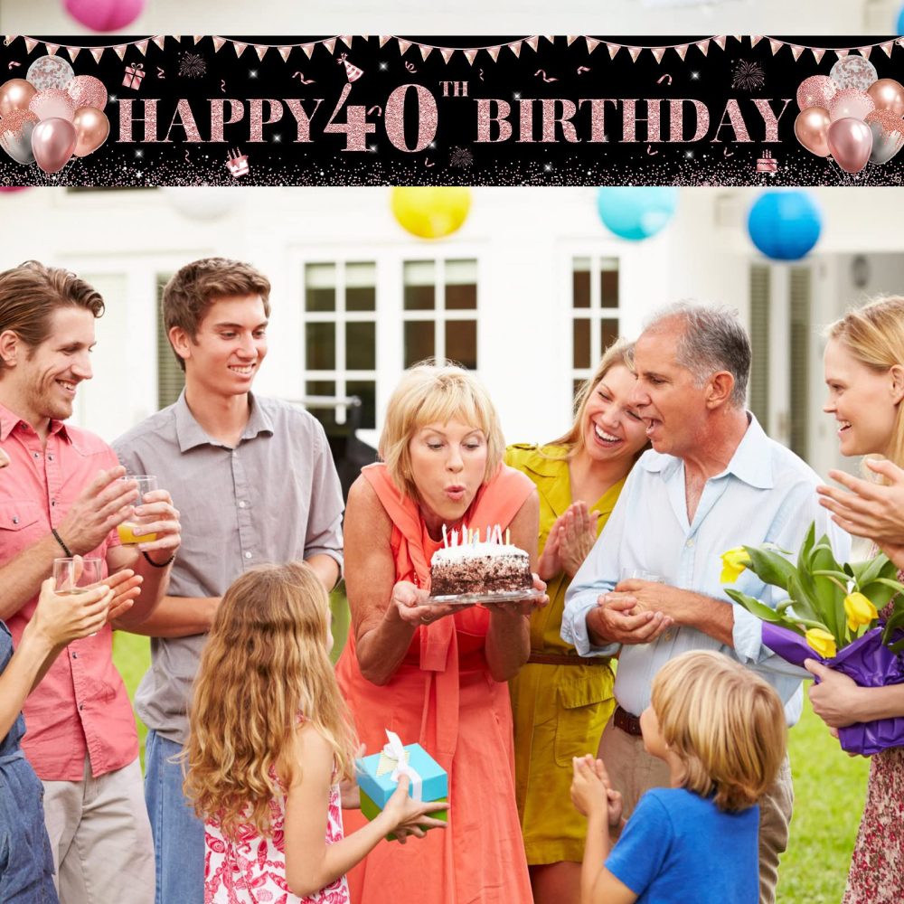 TUTUXMA Large Happy 40th Birthday Banner Black and Rose Gold Yard Sign Birthday Banner for Women Girl 40th Birthday Photo Backgroud Party Indoor Outdoor Decorations Supplies 118 × 19.6 Inch - Image 3