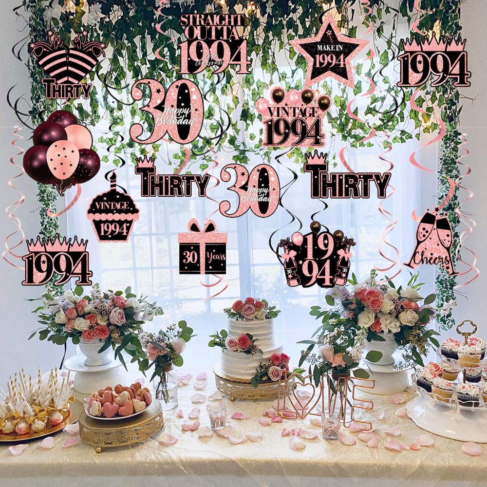 30th Birthday Party Decorations, Retro 1994 Rose Pink Birthday Hanging Swirls Ceiling Party Supplies for Girl Women Birthday Anniversary Party (30th Swirl) - Image 2