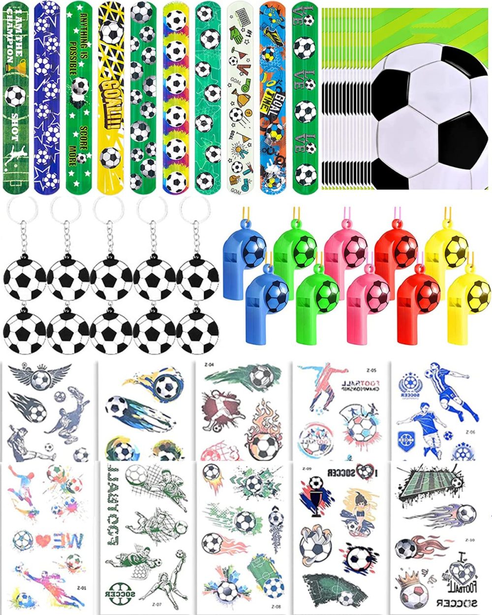 CYCFMYYLY 50 Pcs Football Party Bags, Football Party Bags Fillers, have Football Key Chains, Wristbands, Whistles, Stickers, Football Party Favors Supplies for Kids Gifts and Football Party