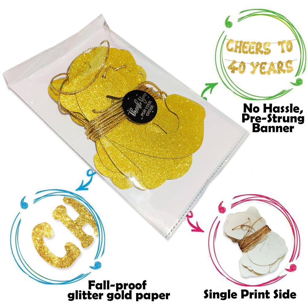 Cheers to 40 Years - Happy 40th Birthday Party Glitter Banner - 40th Birthday Party Decorations and Supplies - 40th Wedding Anniversary Decorations, Pre-strung - No DIY required - Image 6