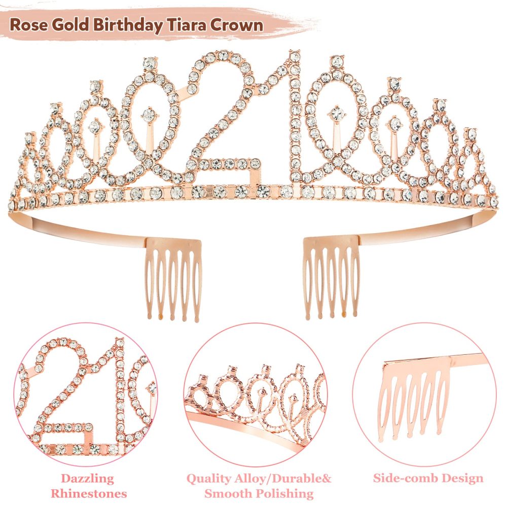 Jonvell 21th Birthday Sash and Tiara Crown Rose Gold 21th Sash Rhinestone Tiara Crown Birthday Cake Topper for Women Girls 21th Birthday Gift Party Decorations Supplies - Image 6