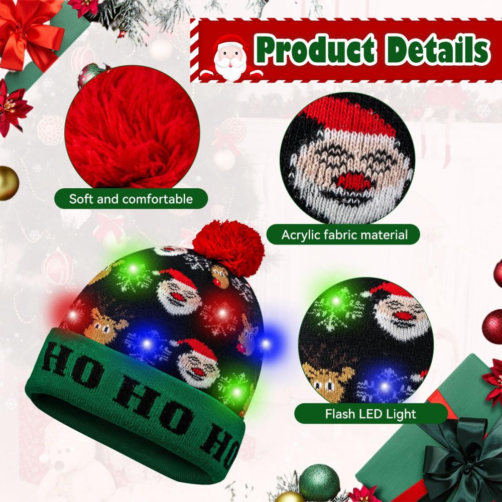SHOKUTO 2Pcs Christmas LED Light Up Hat, Xmas Beanie Knitted Hat, 6 Colorful LED Unisex Novelty LED Christmas Hat Ugly Sweater Holiday Beanie Cap for Children and Adult - Image 7