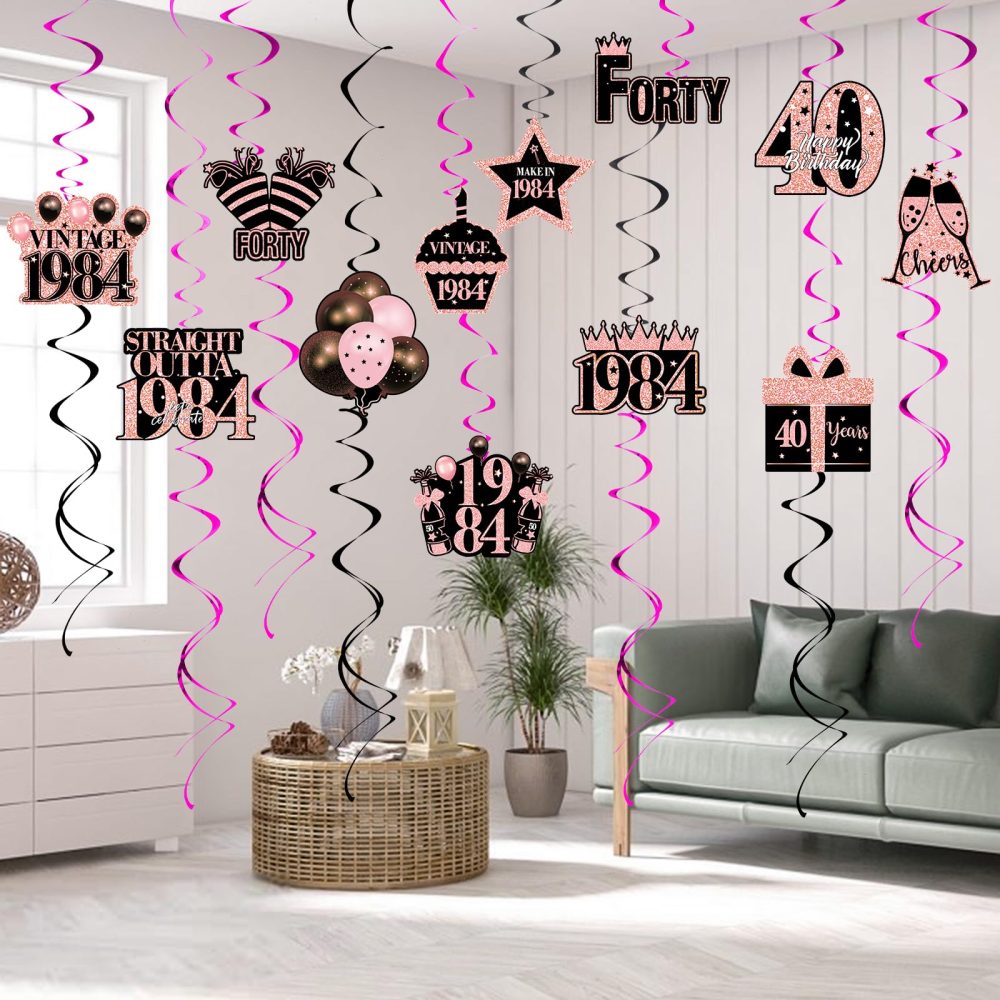 40th Birthday Party Hanging Swirls Streamers,40PCS Rose Pink Shiny Foil Swirls Celebration Hanging Swirls Decorations,40th Birthday Decorations for 40th Birthday Anniversary Party Decorations Supplies - Image 2