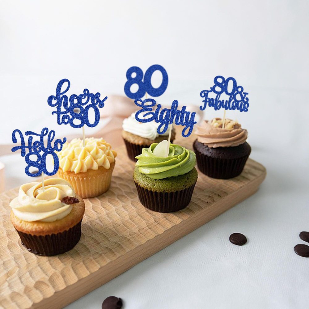 30Pcs Happy 80th Birthday Cupcake Toppers Eighty Cheers to 80 Years Old Birthday Cupcake Picks for Happy 80th Birthday Anniversary Party Cake Decorations Deep Blue Glitter - Image 3