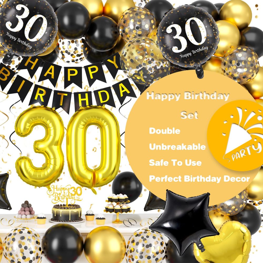 Black and Gold 30th Birthday Decorations, 30th Birthday Balloons Gold and Black 30th Party Decorations with Black Gold Balloons Happy Birthday Banner Cake Topper for Men Women 30th Birthday Supplies - Image 6